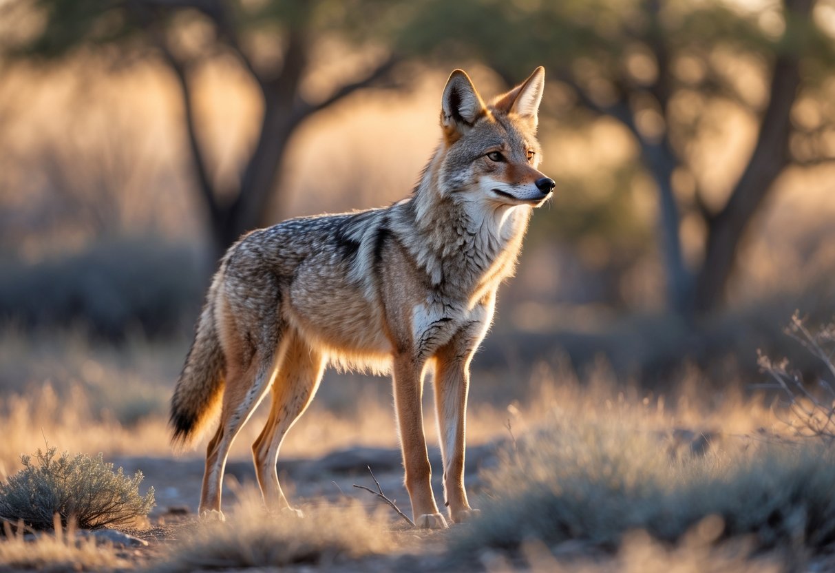 A coyote standing alert in a natural outdoor setting with dry grass and shrubs in the background.