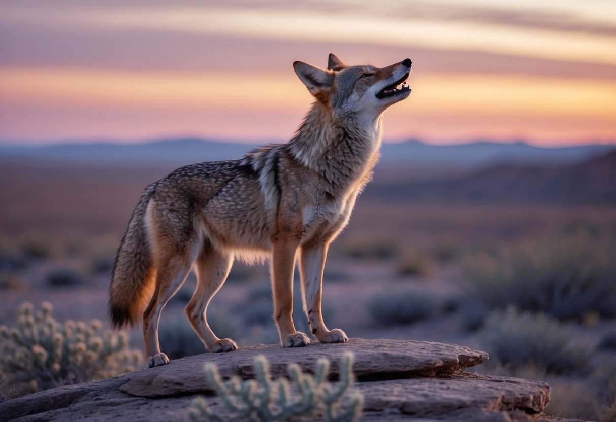 A lone coyote howling on a rocky outcrop in a desert at sunset.