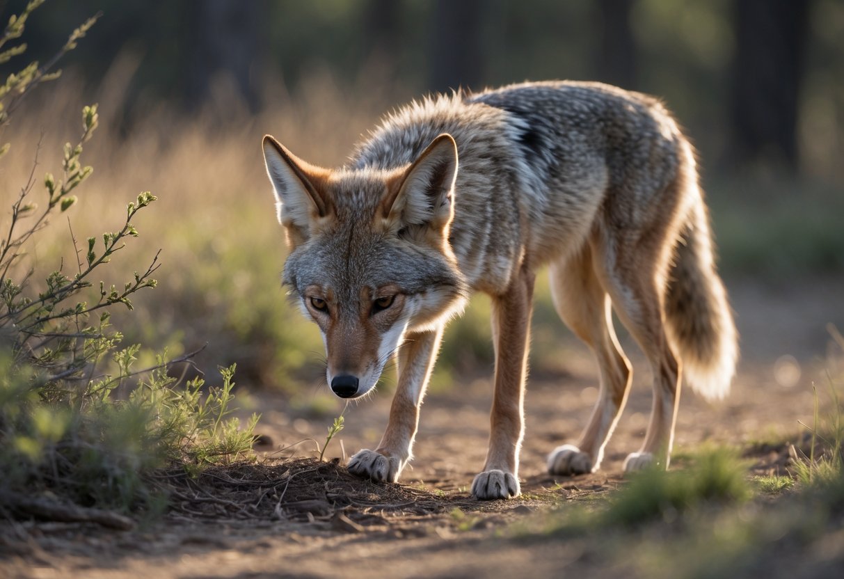A coyote sniffing the ground in a natural outdoor setting with grass and shrubs.