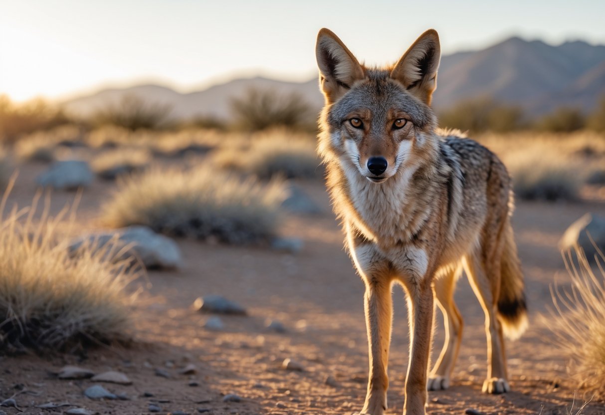 A coyote standing in a desert landscape, looking directly ahead with focused eyes.