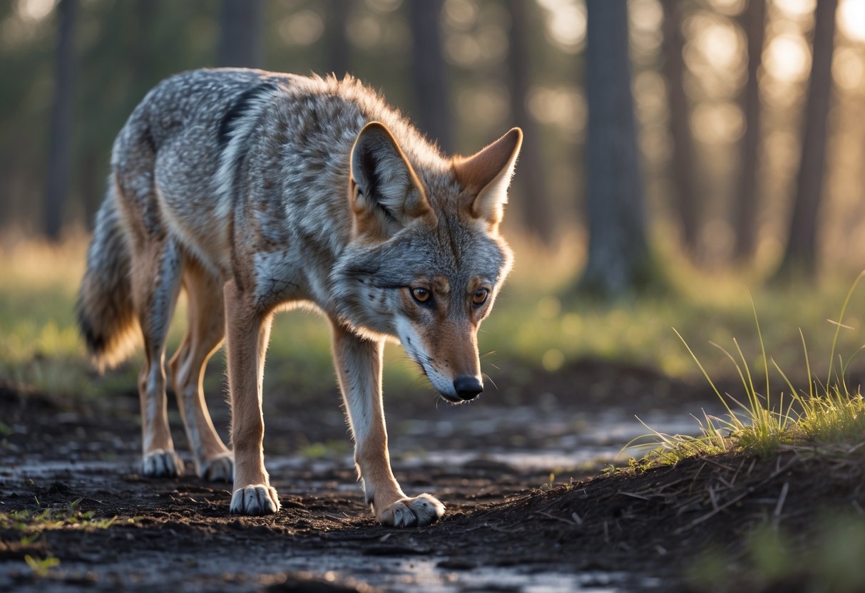 A wild coyote sniffing the ground in a forest clearing during daylight.
