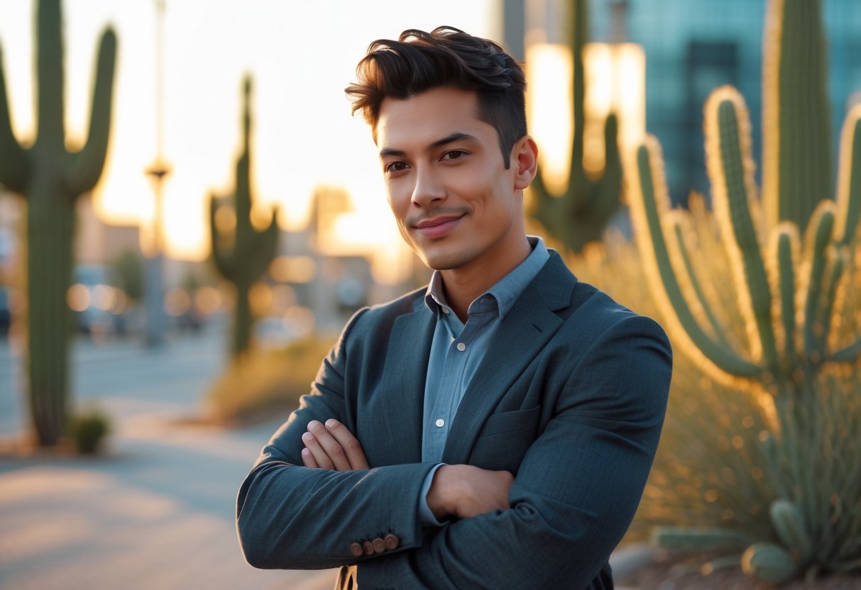 A confident young adult standing thoughtfully in an urban setting with desert plants in the background.