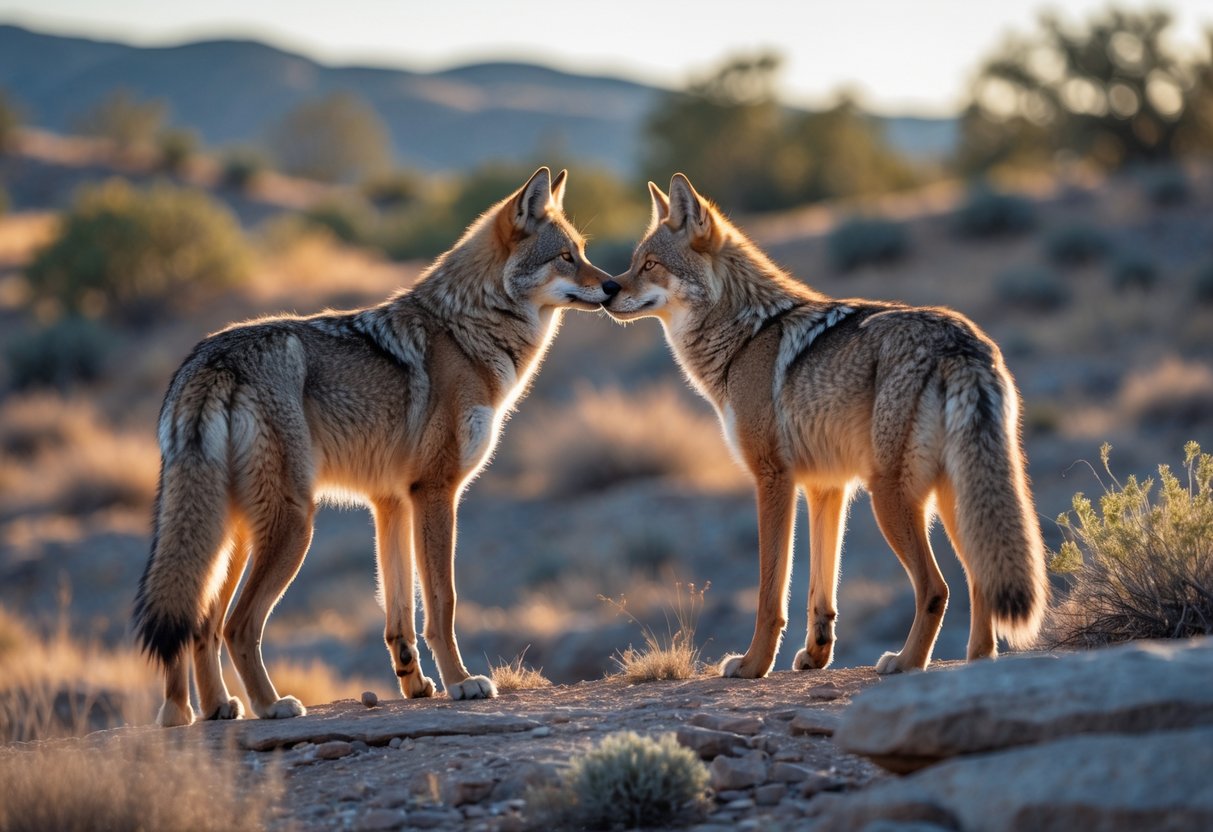 Two coyotes facing each other on rocky ground with desert plants, appearing to communicate in a natural outdoor setting.