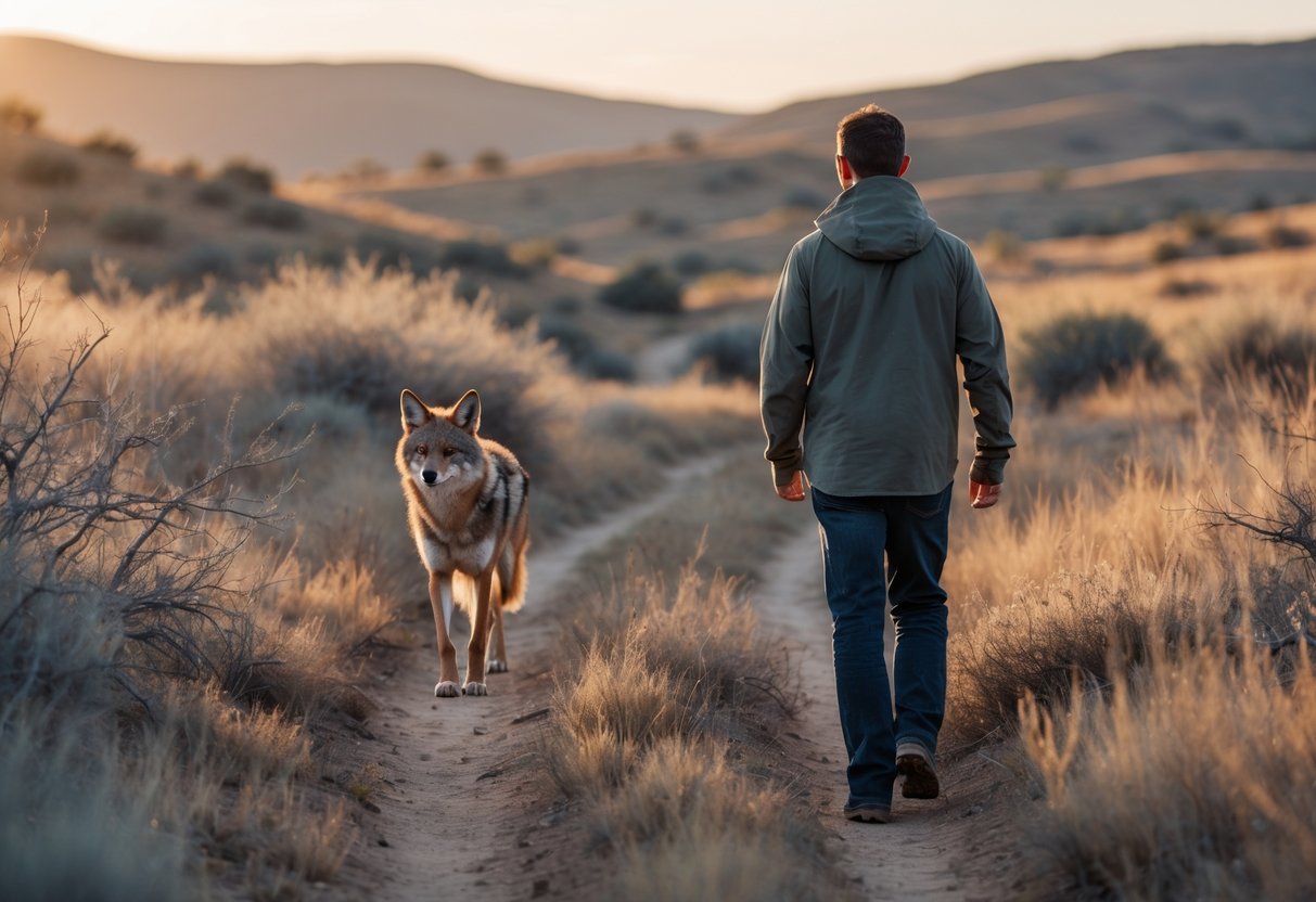 A person walking on a dirt trail with a coyote quietly following behind in a natural open landscape.
