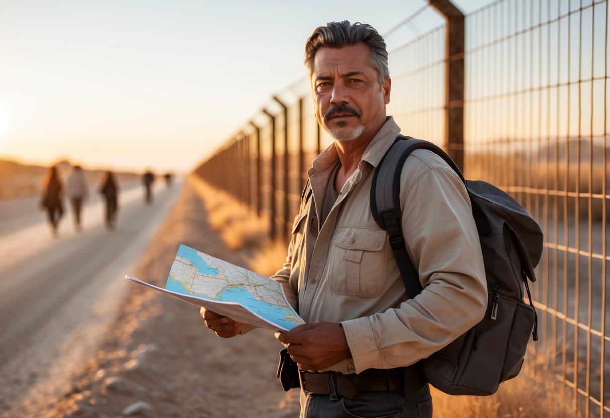 A man stands near a border fence in a desert area holding a map and a small bag with people walking in the distance.
