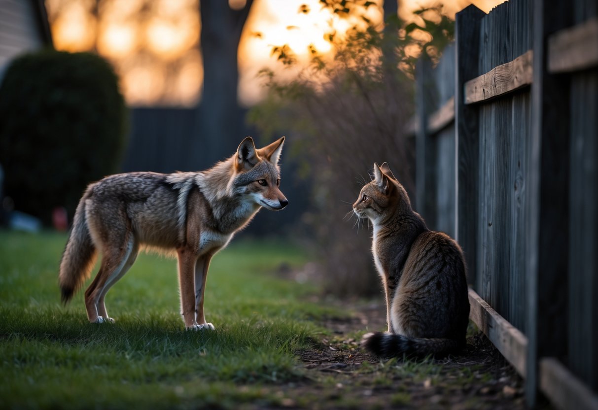 A coyote and a cat facing each other in a suburban backyard at dusk.