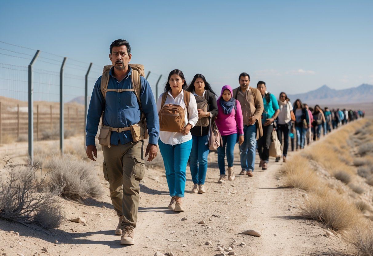 A man leading a group of people walking along a dusty desert path near a border fence under a clear sky.