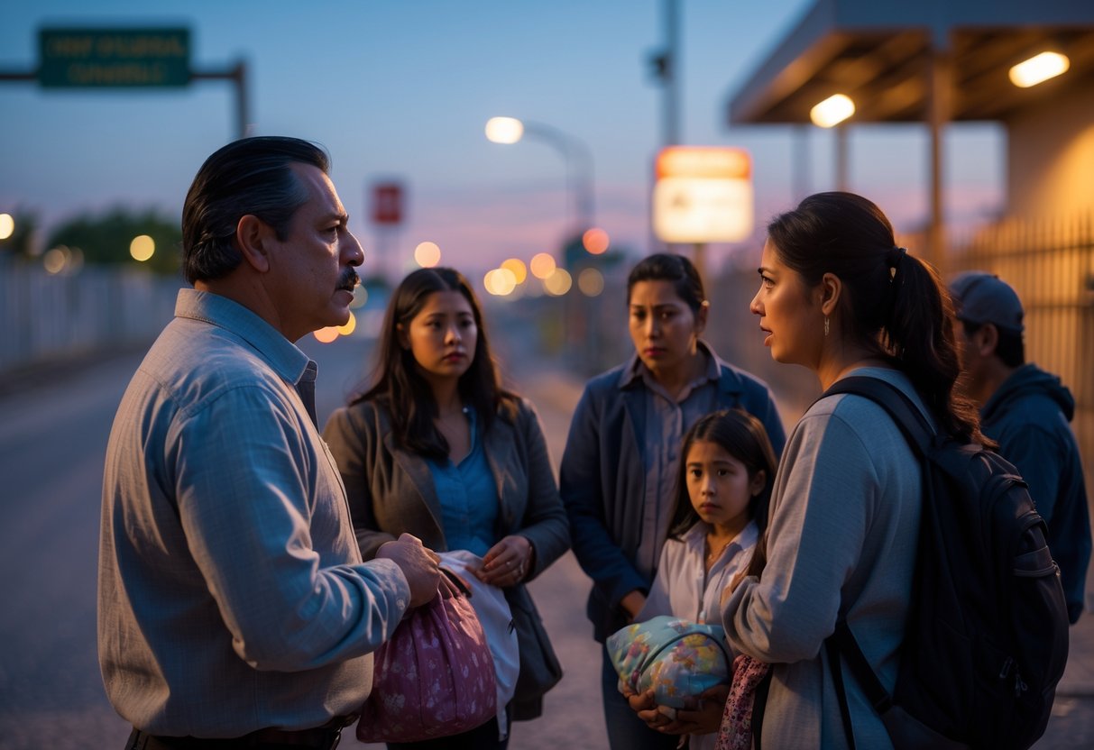 A middle-aged man talks quietly with a young family near a border checkpoint at dusk.