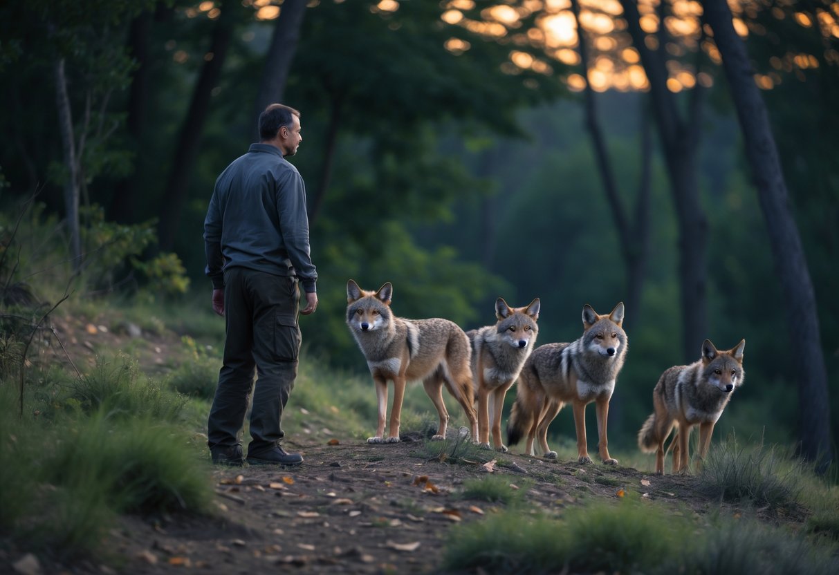 A person standing outdoors facing a small group of coyotes in a forested area at dusk.
