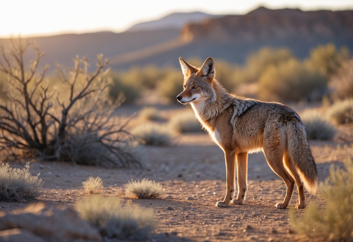 A wild coyote standing alert in a desert landscape with dry shrubs and rocks under warm sunlight.