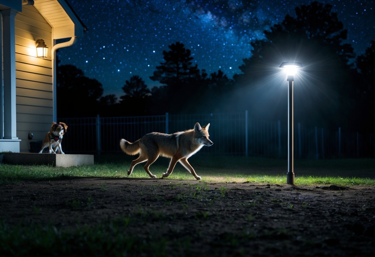 A coyote retreating from a bright outdoor light near a farmhouse at night, with a small dog barking nearby.