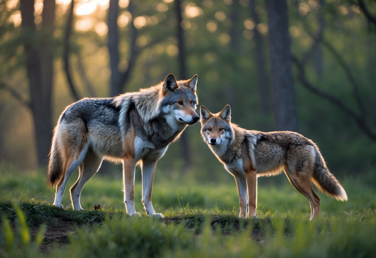 A wolf and a coyote standing close together in a forest clearing with trees and sunlight in the background.