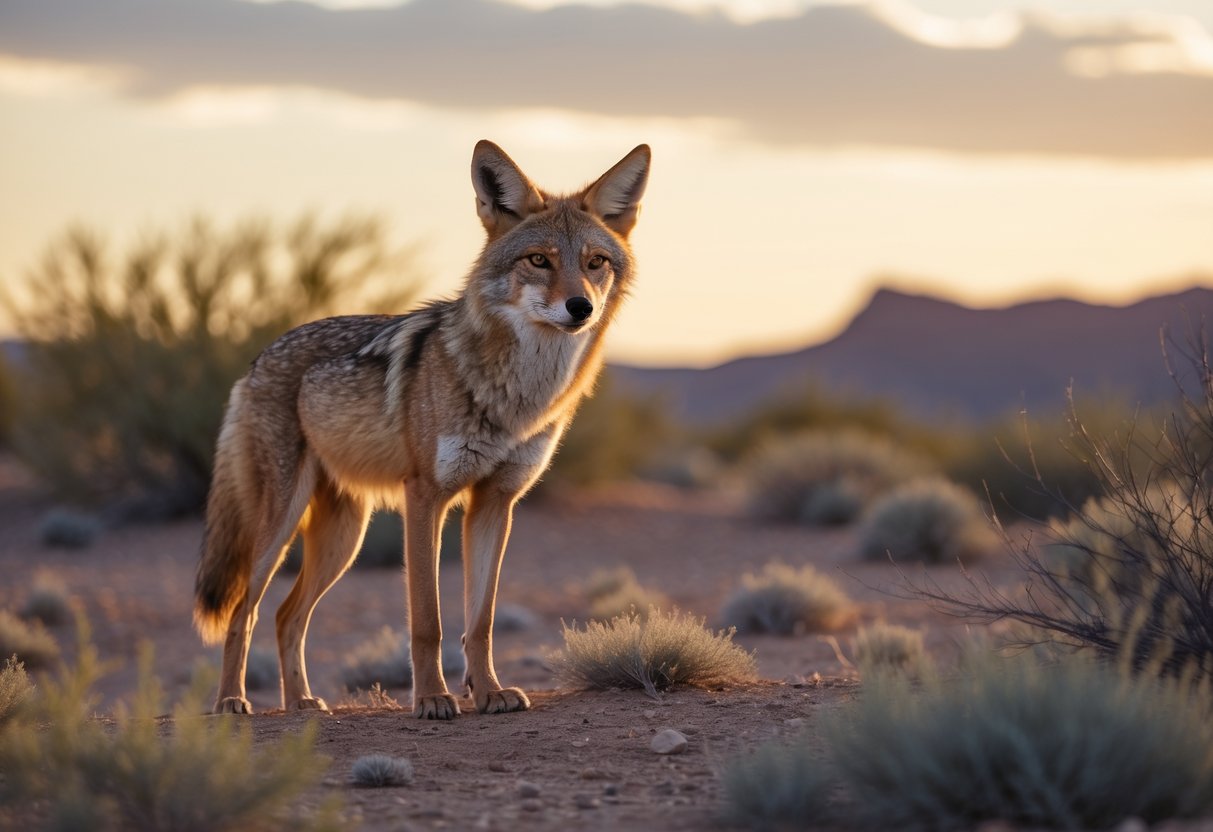 A wild coyote standing alert in a desert landscape with dry shrubs and rocky terrain under a warm glowing sky.