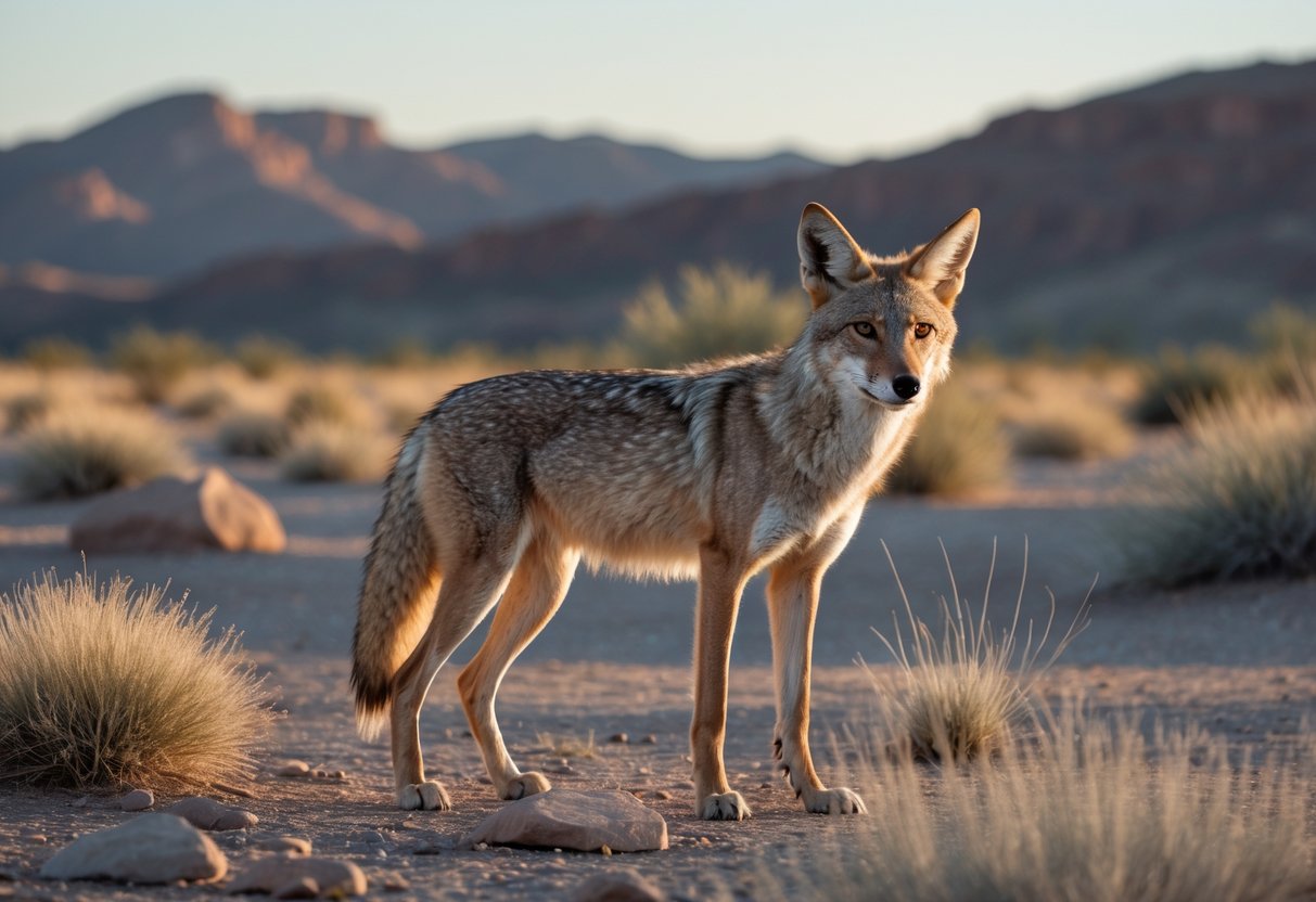 A lean coyote standing in a dry desert landscape with grasses and hills in the background.