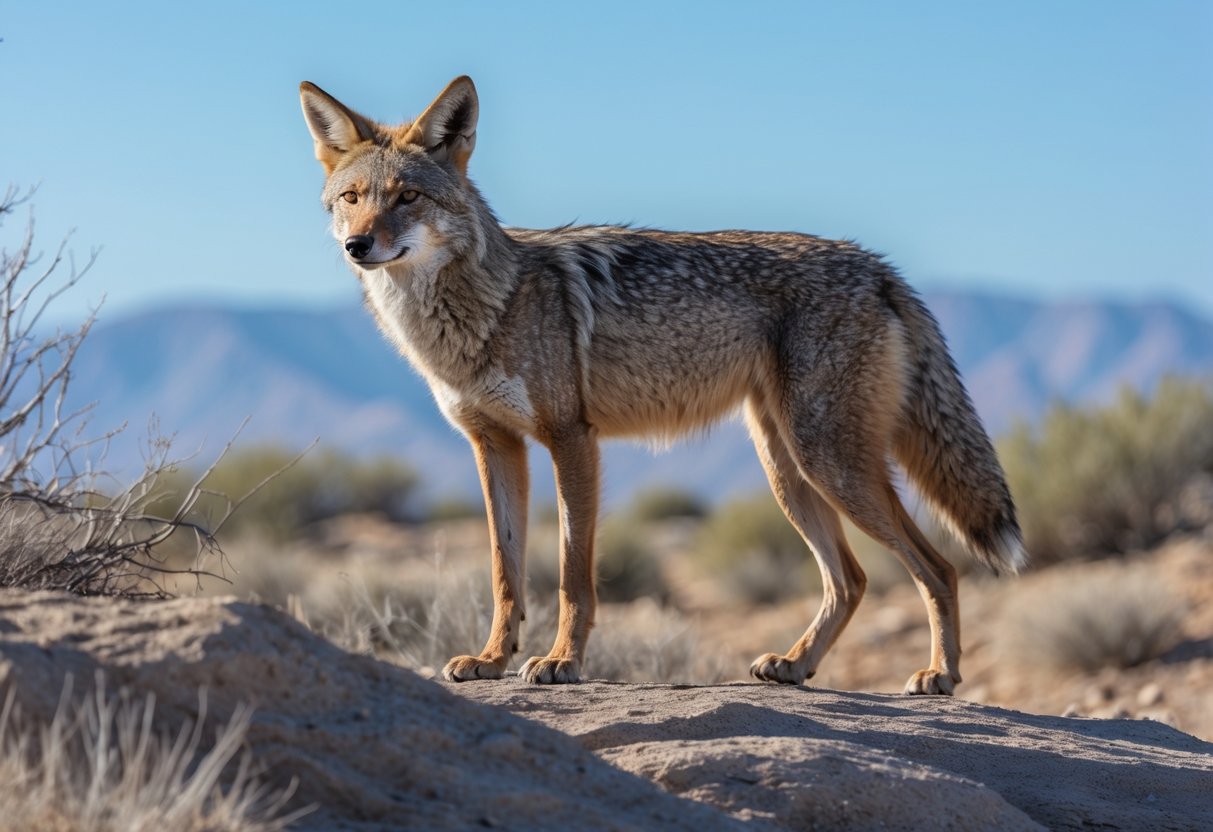 A skinny coyote standing on rocky ground with dry grass and shrubs in a natural desert environment.