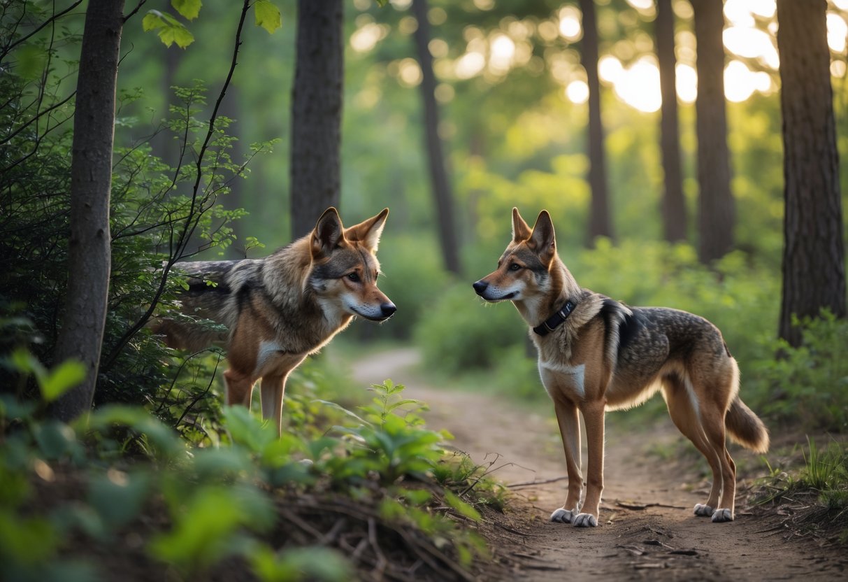 A coyote watching a domestic dog in a forested area with trees and sunlight.