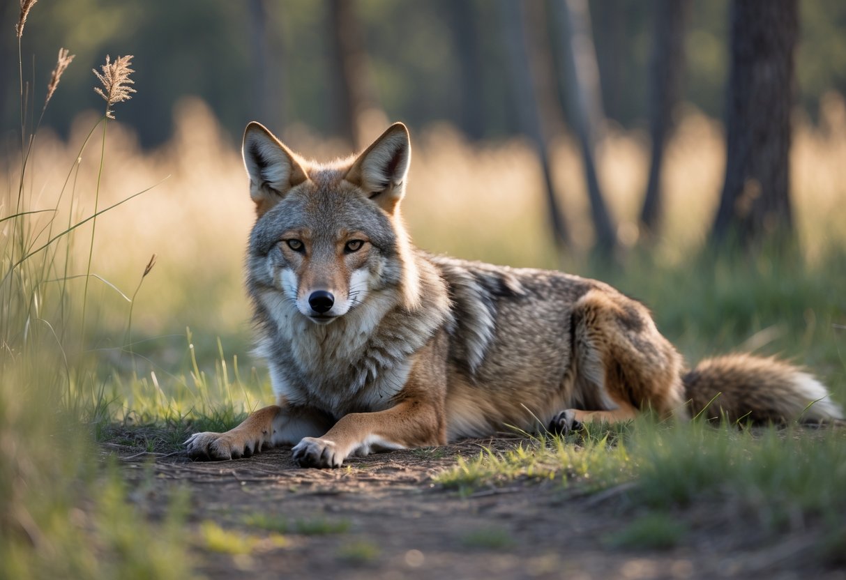 A large coyote lying on the ground in a natural outdoor setting with grass and trees.