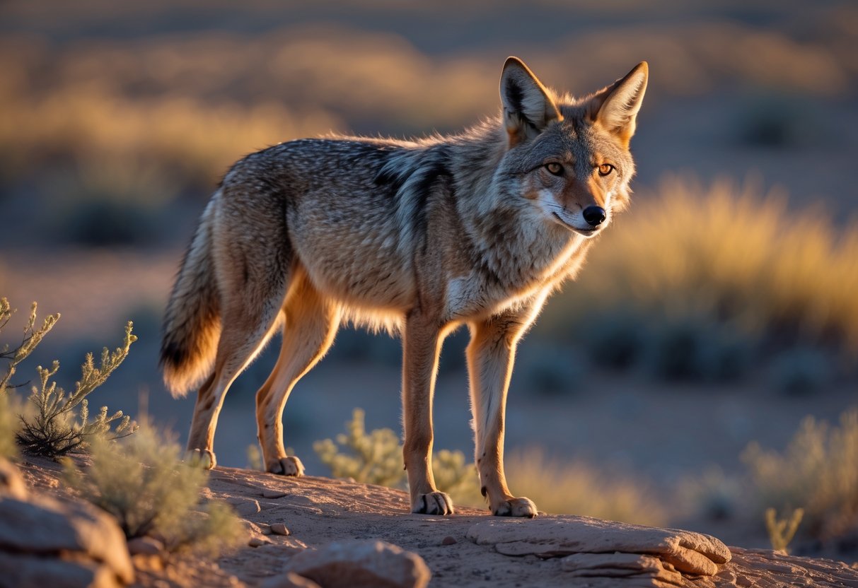 A wild coyote standing alert on rocky desert terrain with focused eyes and golden sunlight illuminating its fur.