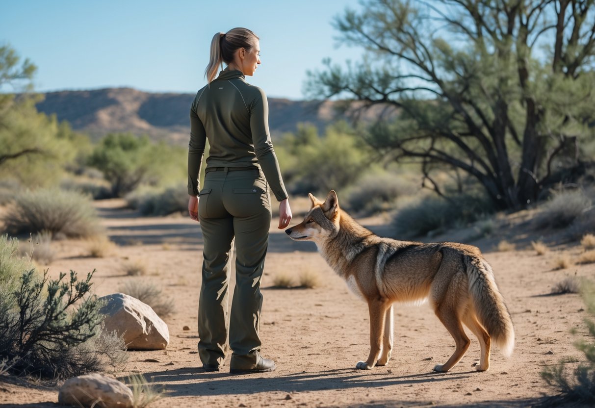 A person standing calmly outdoors facing a coyote that is nearby in a natural setting.