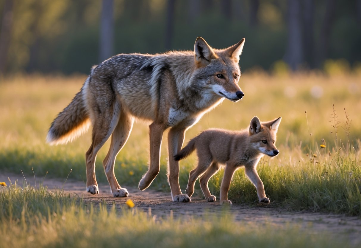 An adult coyote walking beside a coyote pup in a sunlit meadow with grasses and wildflowers.