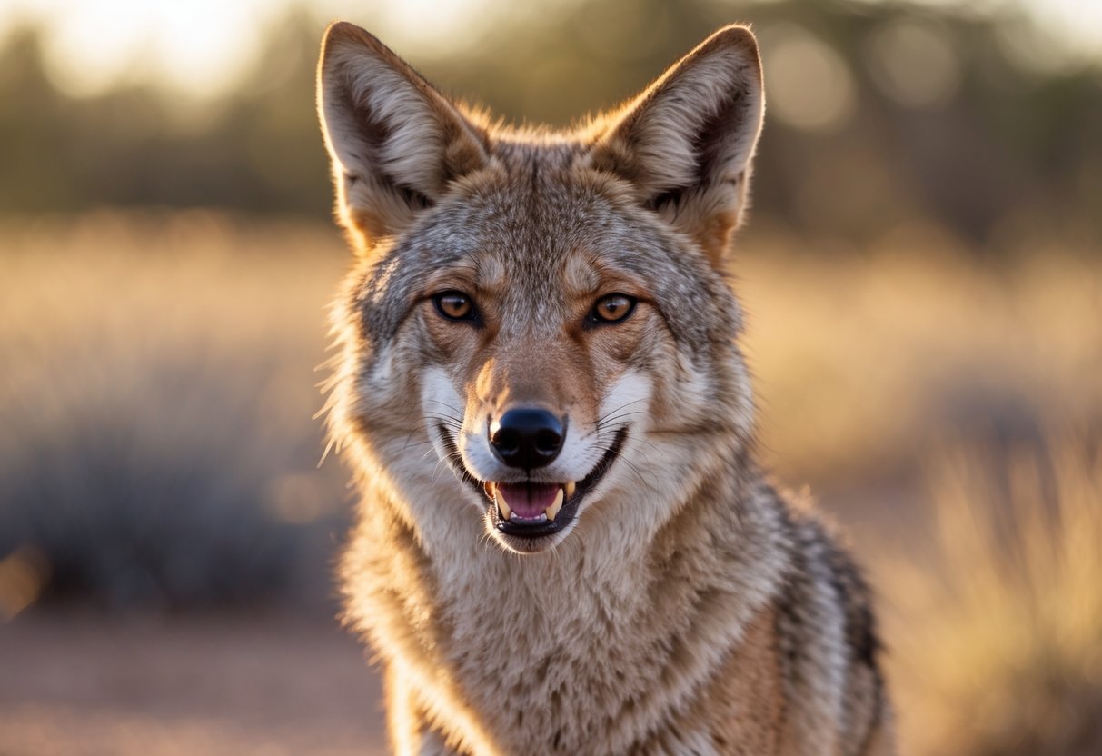 Close-up of a coyote looking at the camera with its mouth slightly open, standing in a natural outdoor setting.