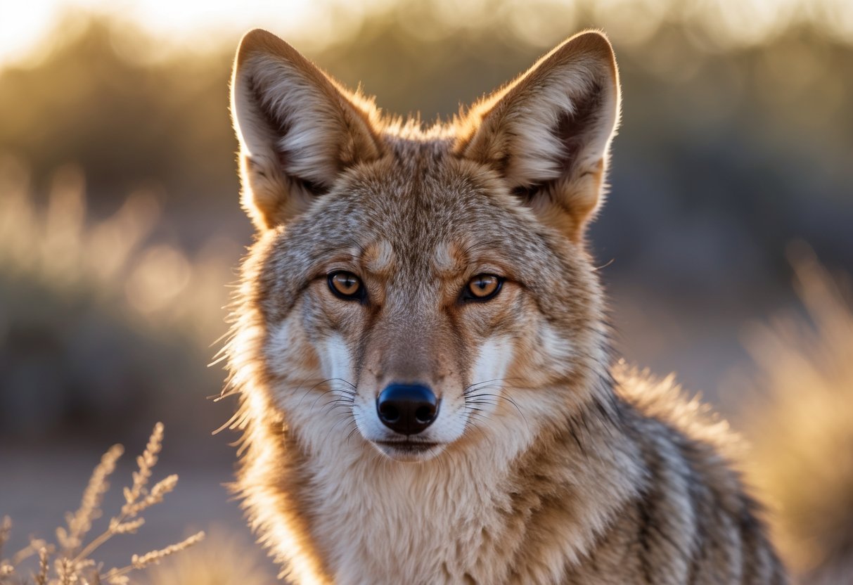 Close-up of a coyote looking at the camera with a subtle, smile-like expression in a natural outdoor environment.
