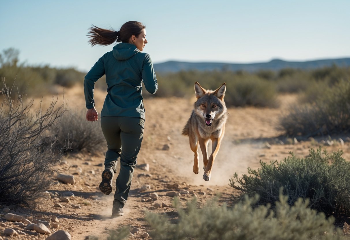 A person running through a dry, open landscape with a coyote chasing them from behind.