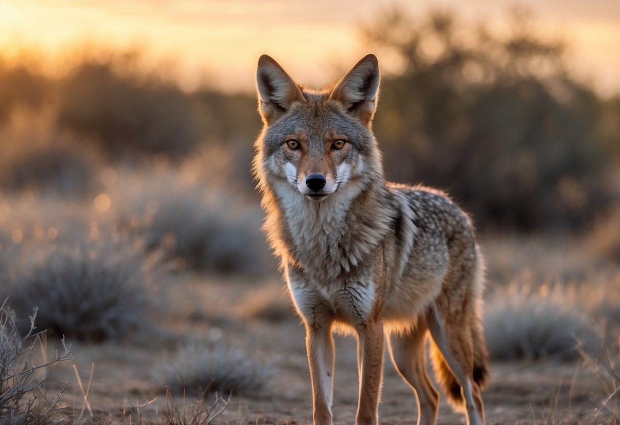 A wild coyote standing in grassland at sunset, looking alert and focused.