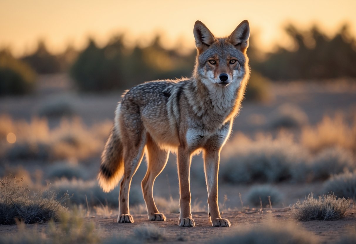 A coyote standing alert in a dry grassy landscape with warm sunlight and a softly blurred natural background.