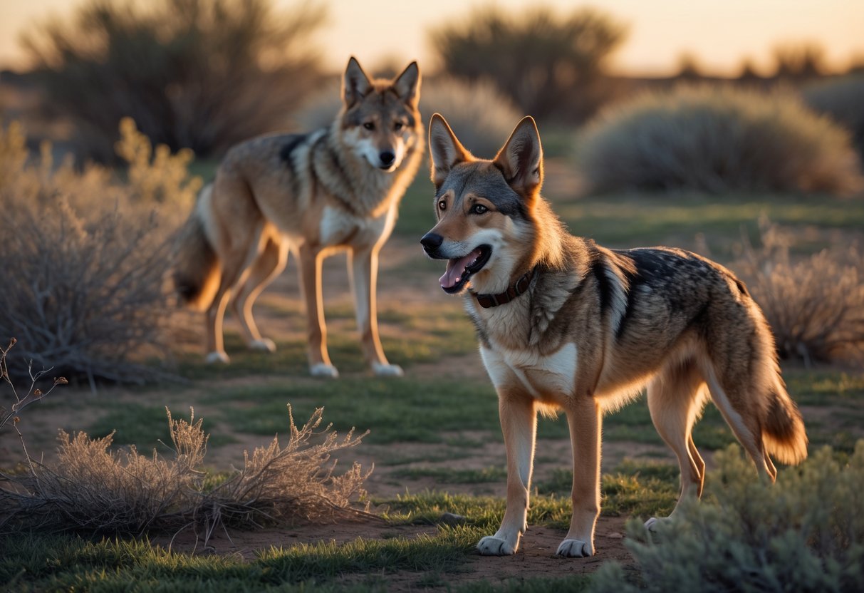 A dog barking at a cautious coyote in a grassy outdoor setting at dusk.