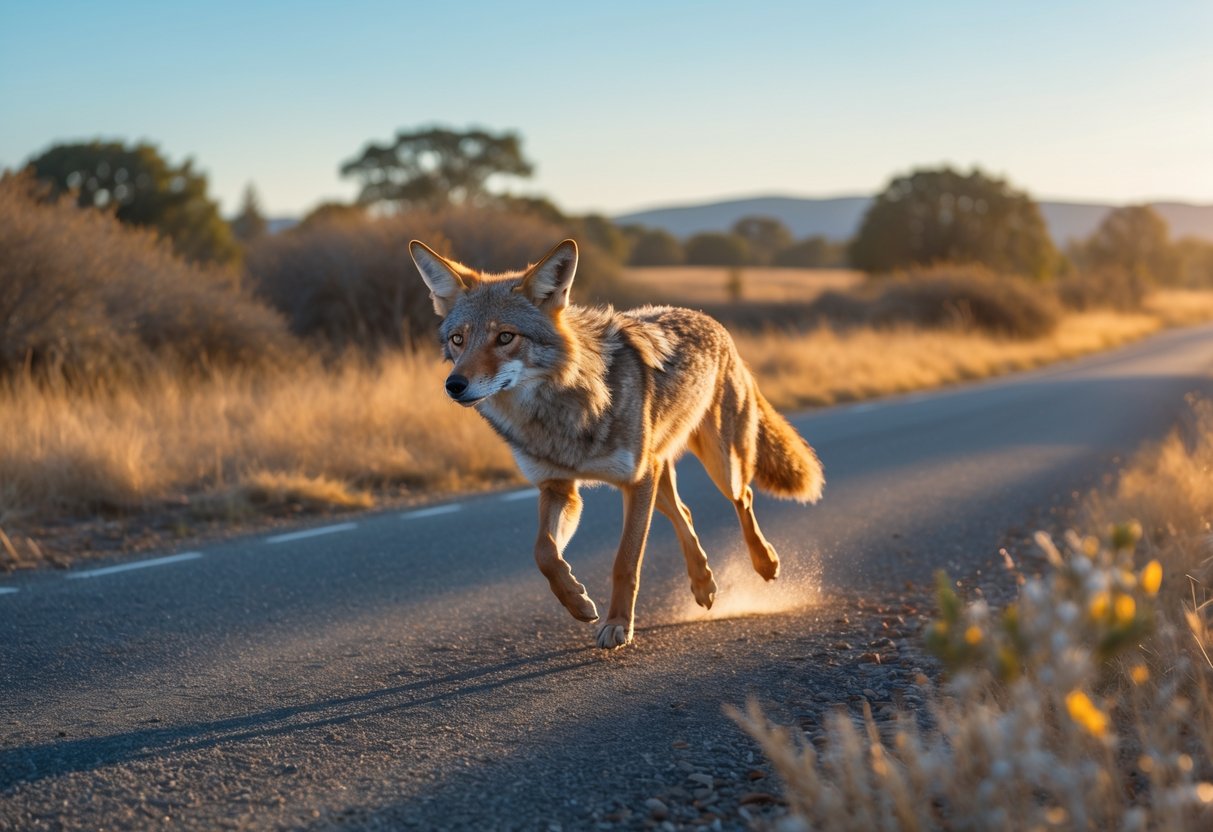 A coyote running across a rural road with dry grass and trees in the background during sunset.