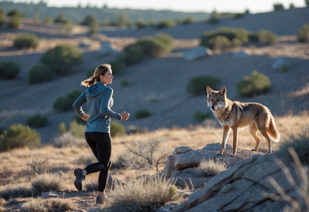 A person running away from a coyote in a natural outdoor setting.