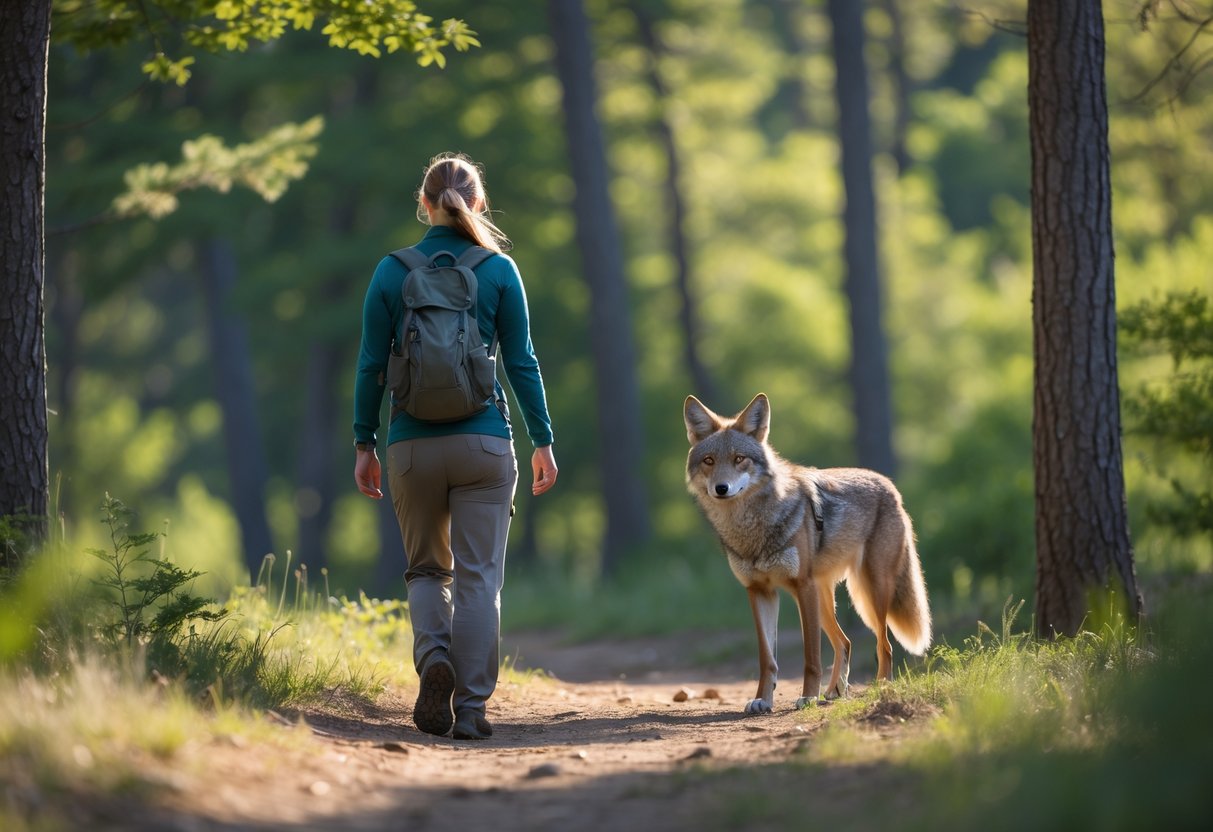 A person walking away from a coyote in a forest clearing, looking back over their shoulder.