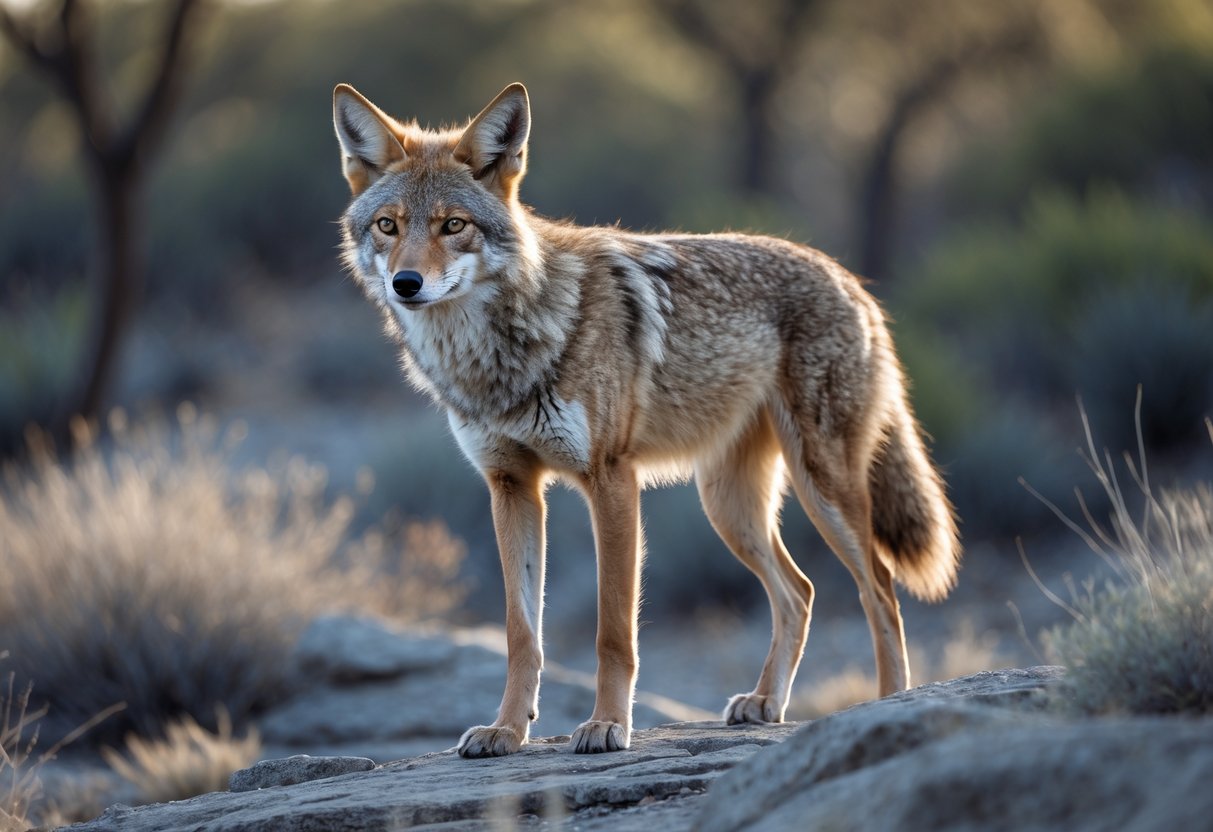 A wild coyote standing alert on rocky terrain with dry grass and shrubs in a natural outdoor setting.