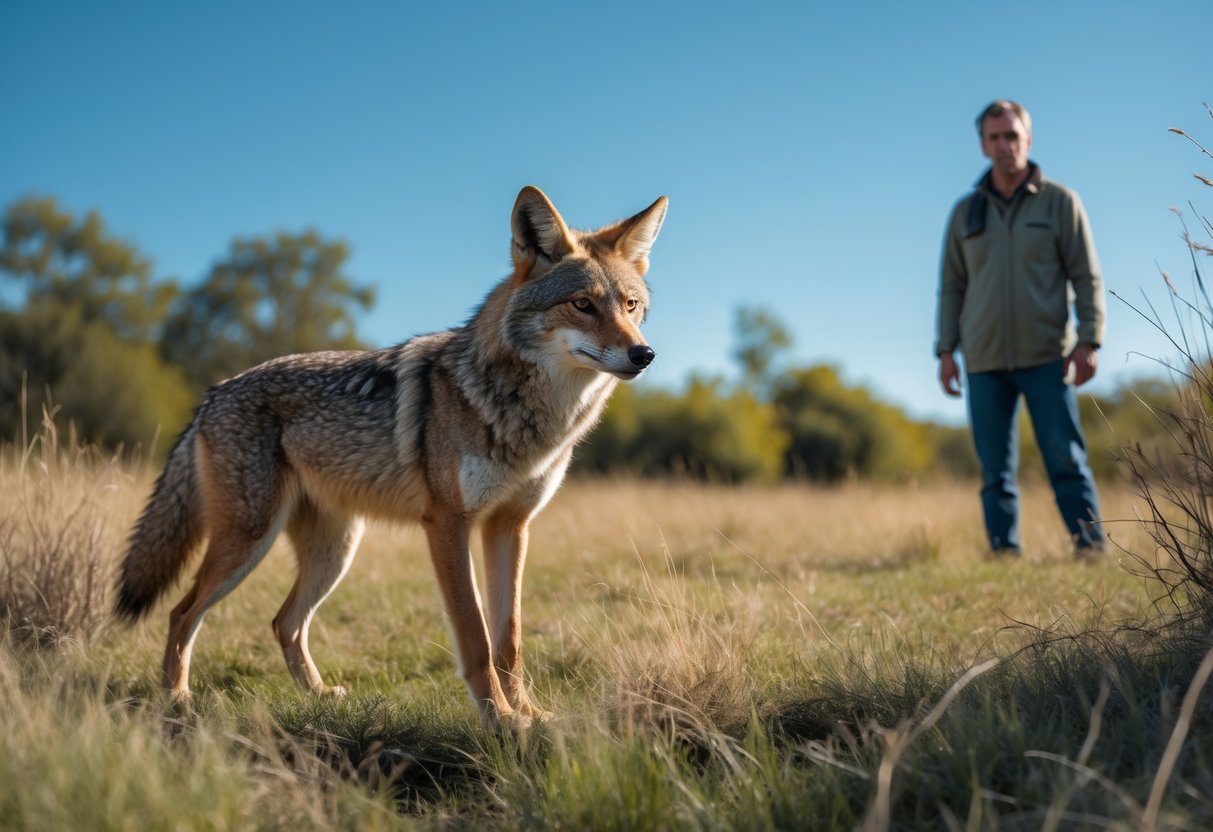 A human and a coyote face each other in a sunlit grassy field, both appearing alert and focused.