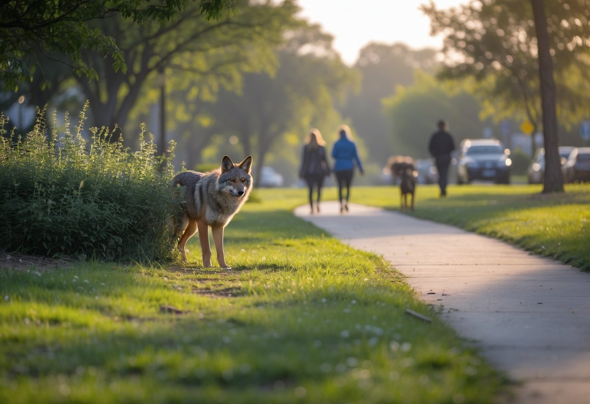 A coyote partially hidden behind bushes near a walking path in a suburban park with people walking dogs in the background.