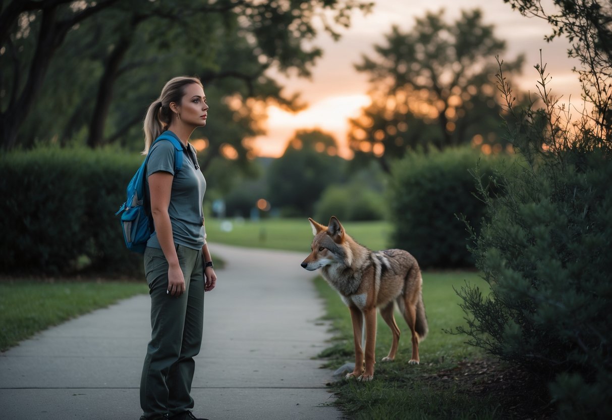 A person standing on a park path looking cautiously at a coyote partially hidden behind bushes nearby at dusk.