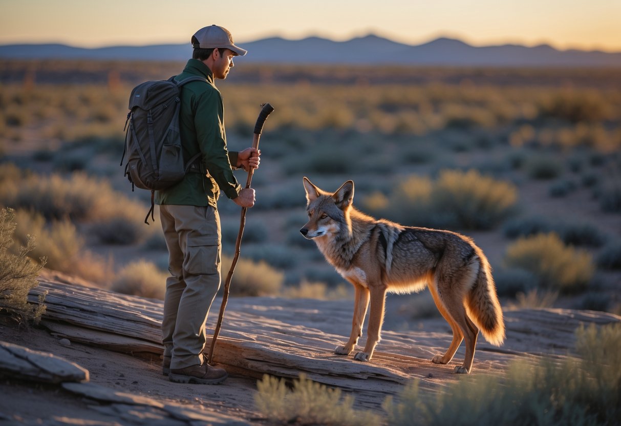 A human standing alert outdoors facing a wild coyote in a rocky desert landscape at dusk.