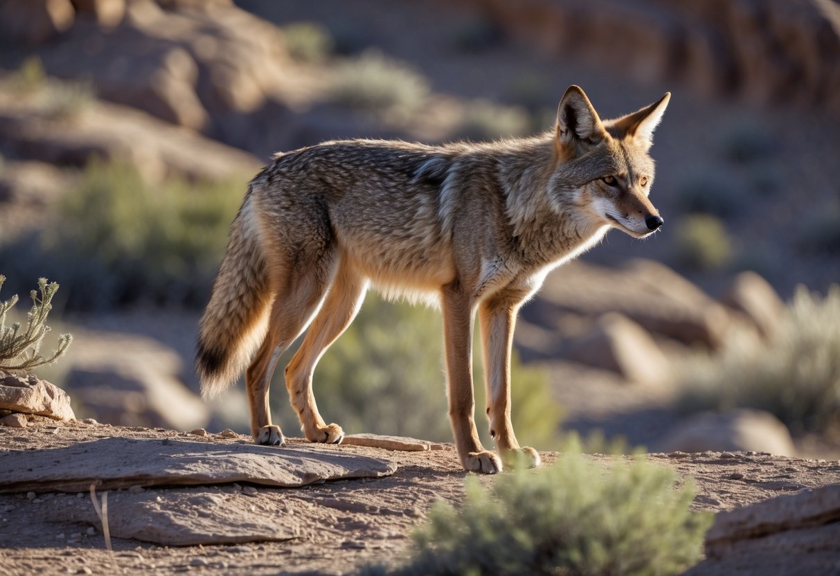 A wild coyote standing alert on rocky terrain with desert plants in the background.