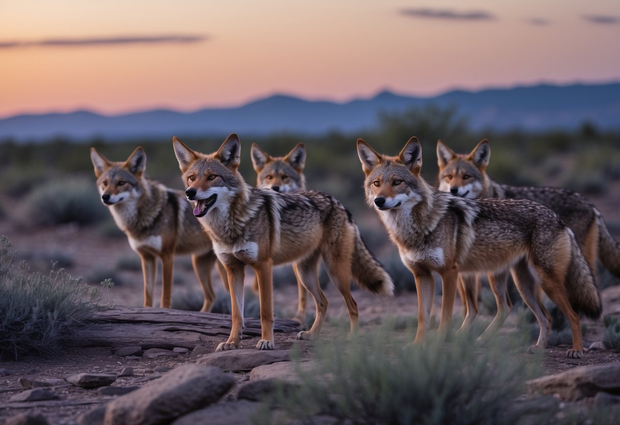 A group of coyotes on rocky terrain with one coyote vocalizing while others watch attentively at sunset.