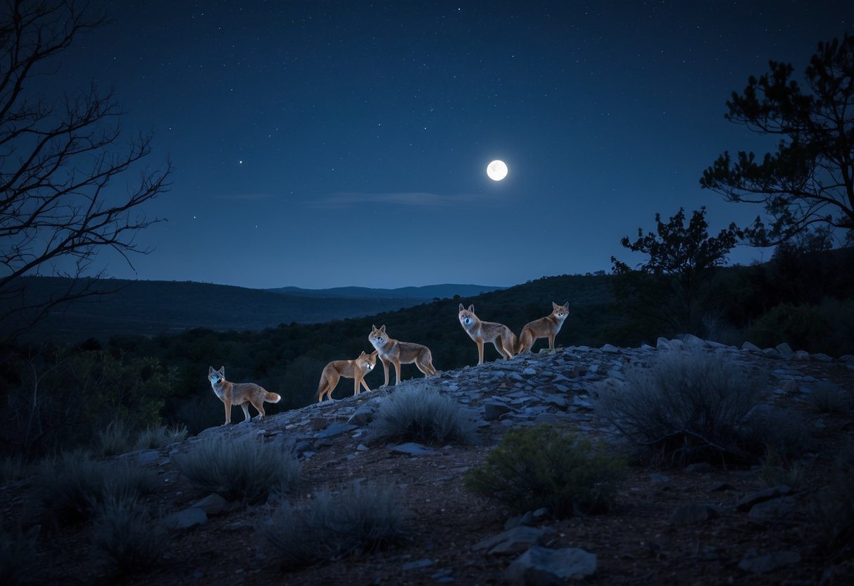 A group of coyotes howling on a rocky hill at night under a starry sky with a partially visible moon.