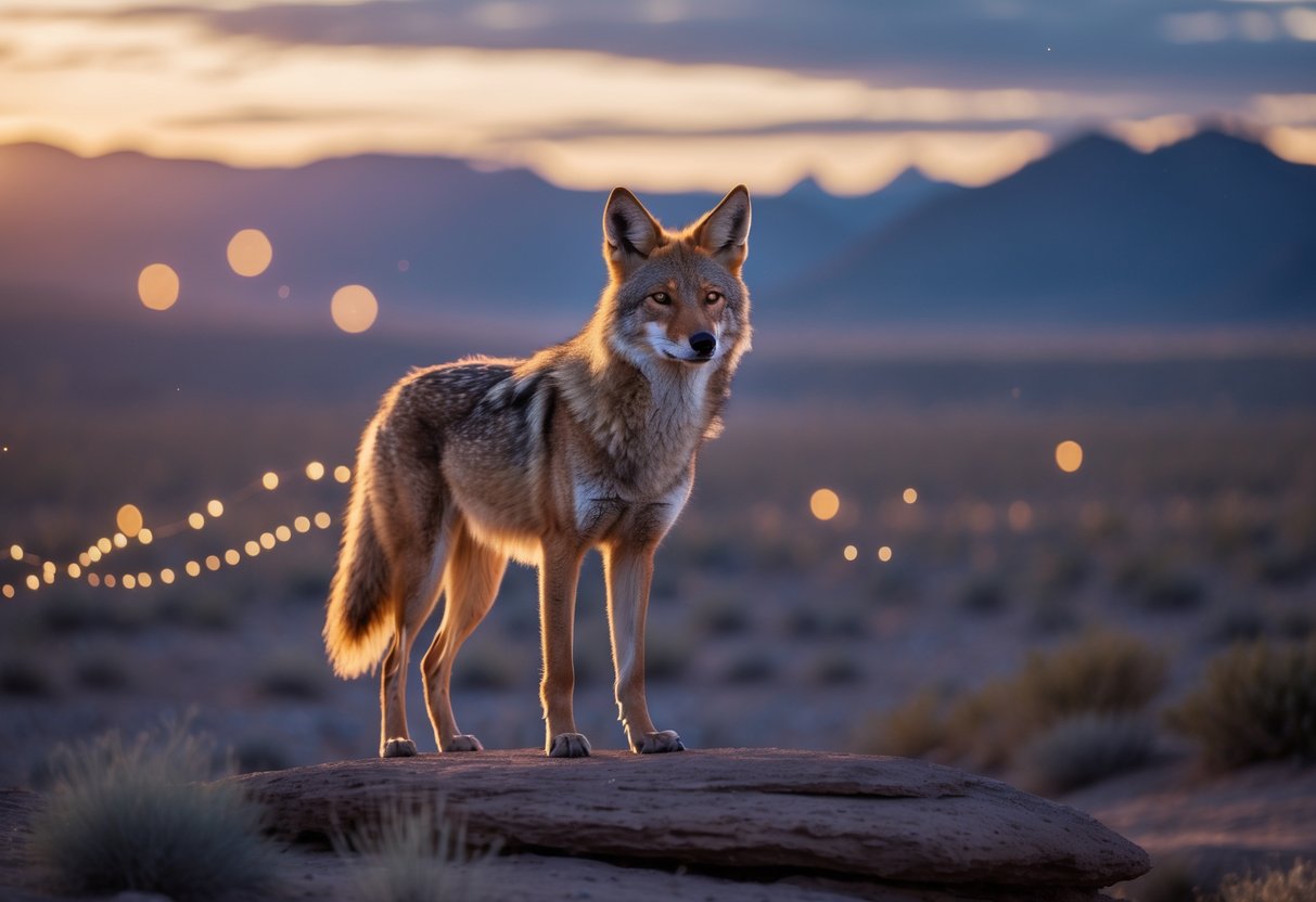 A coyote standing on a rocky hill at dawn with mountains and a glowing sky in the background.