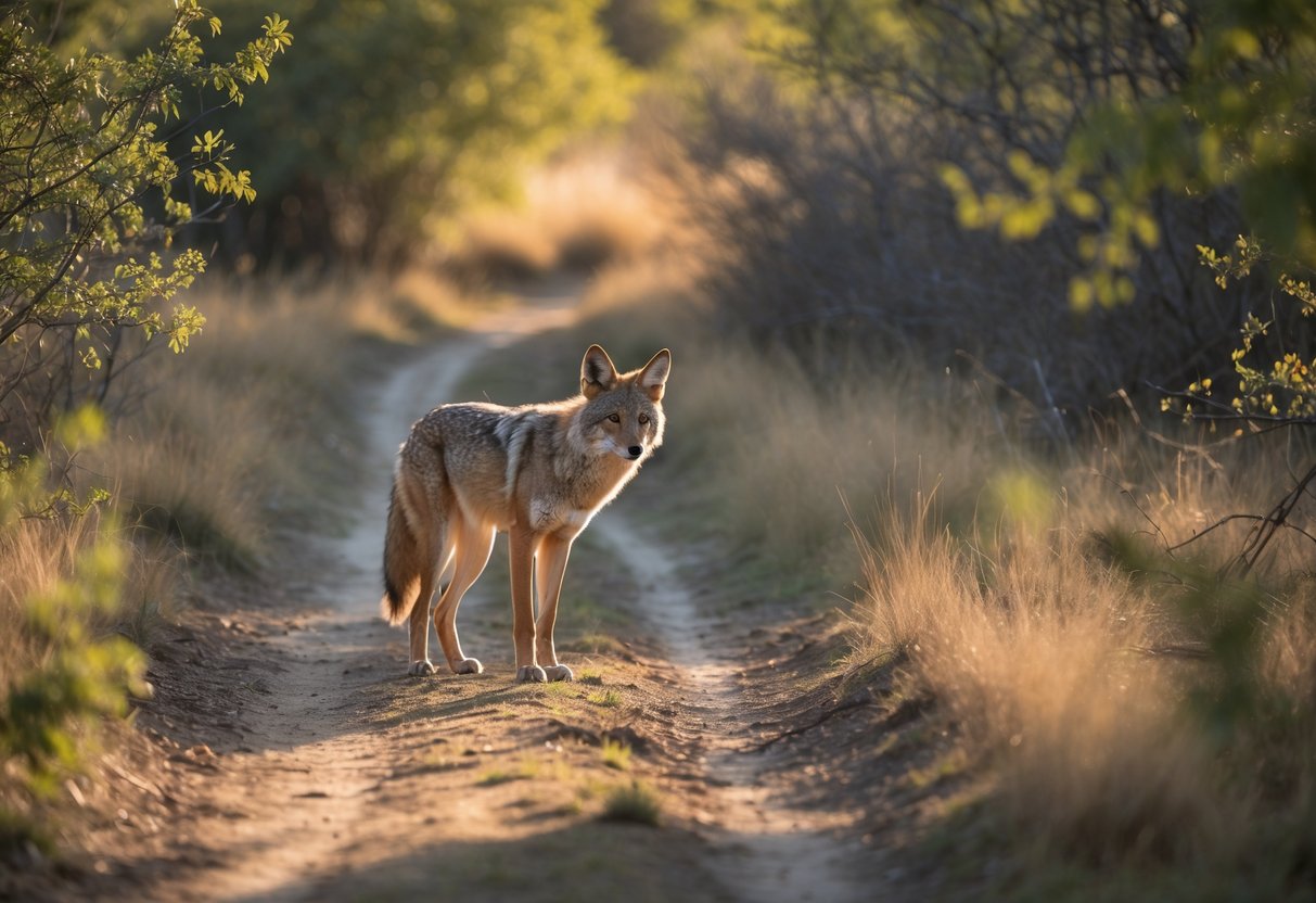 A person standing calmly on a trail while a coyote cautiously approaches in a natural outdoor setting.