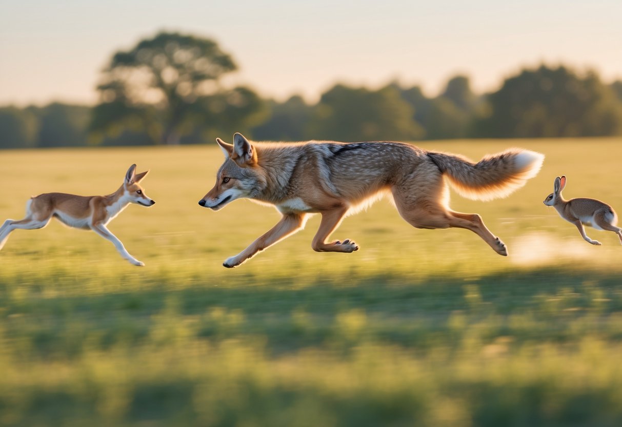 A coyote running quickly across a grassy plain with other fast animals like a greyhound, pronghorn, and rabbit running nearby.