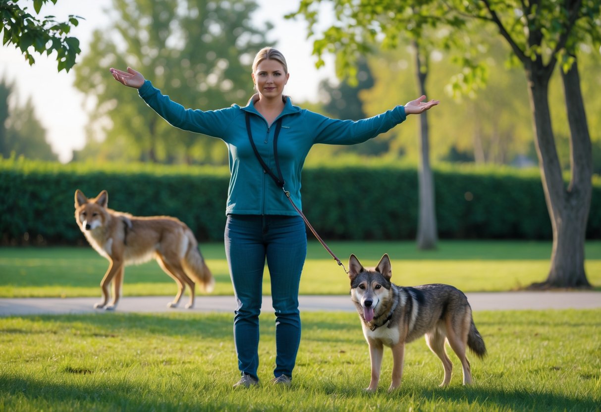 A person holding a dog on a leash in a park with a coyote visible at a distance behind some bushes.