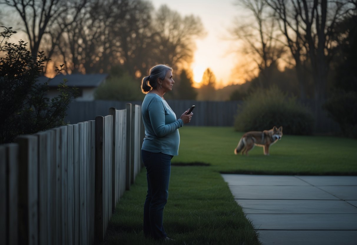 A woman standing in a backyard at dusk looking towards the edge of the woods where a coyote is visible.