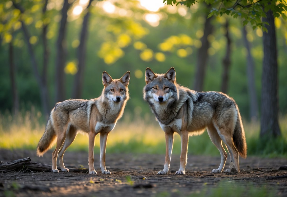 A coyote and a wolf standing close together in a sunlit forest clearing.