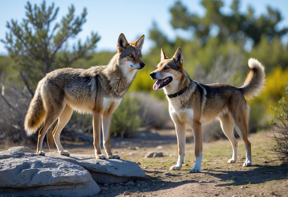 A coyote and a dog standing side by side outdoors, showing their different physical features.