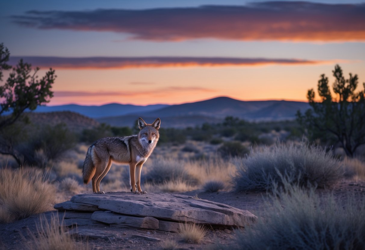 A lone coyote standing on a rocky outcrop in a desert landscape at twilight with hills and trees in the background.