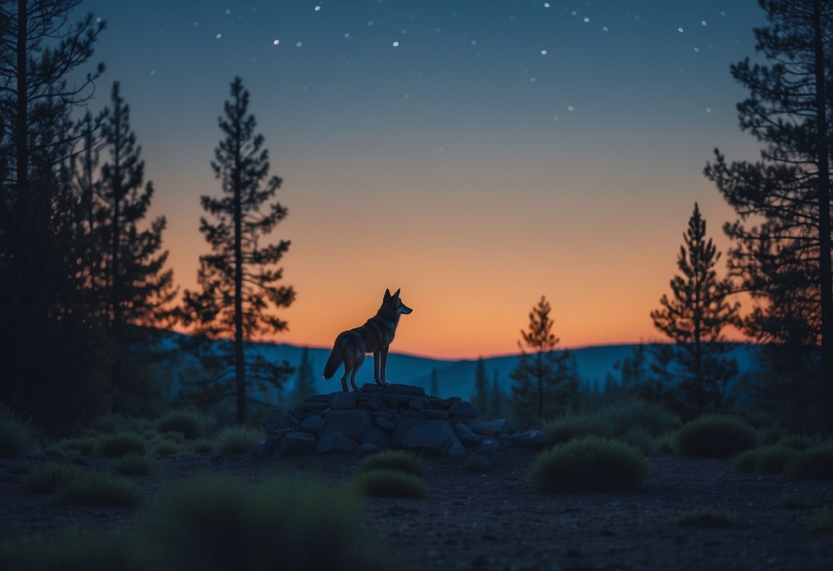 A coyote silhouette standing on a rocky outcrop in a forest clearing at twilight with a colorful sky in the background.